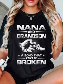 100% Cotton Nana And Grandson A Bond That Can't Be Broken T-Shirt  Graphic Tees Cute Summer Women Tops Puppy Kepp Black - 黑色 - 查看 1