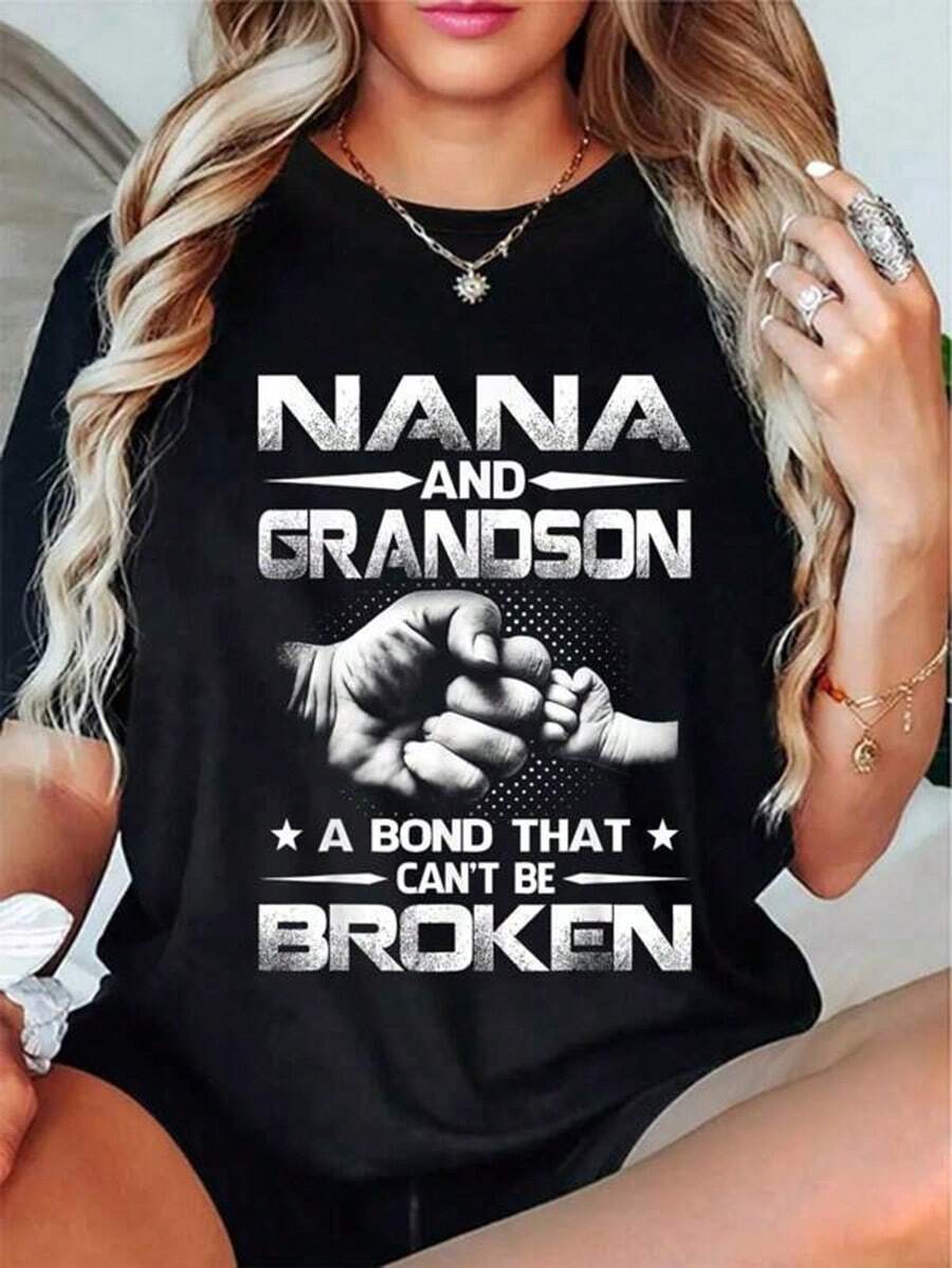 100% Cotton Nana And Grandson A Bond That Can't Be Broken T-Shirt Graphic Tees Cute Summer Women Tops Puppy Kepp Black - 黑色 - 查看 1