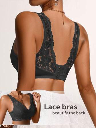 1 pieza Sujetador cómodo y transpirable sin alambre con escote en V profundo y espalda descubierta, bordado elegante de encaje para uso cotidiano
