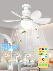 Ventilador de techo con luz y control remoto, Ventilador de techo LED regulable de 50 W con enchufe E27, Ventilador de techo para dormitorio, sala de estar, 6 aspas, 3 velocidades, temporizador - Blanco - Ver 3