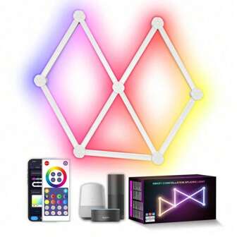 إضاءة جدارية ذكية ديكورية، شريط إضاءة ليد RGB ب- 6 أو 9 مصابيح، إمكانية الربط الحر، إضاءة خلفية، متوفرة بتقنيات البلوتوث والواي فاي، تحكم عبر التطبيق والريموت والإيقاع الموسيقي، مناسبة لغرفة النوم، غرفة المعيشة، الألعاب، الحفلات، ديكور المنزل، وغرفة الألعاب
