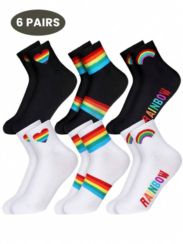 6 Pairs Of Rainbow Striped Novel Socks, And Versatile For Both Men And Women To Wear