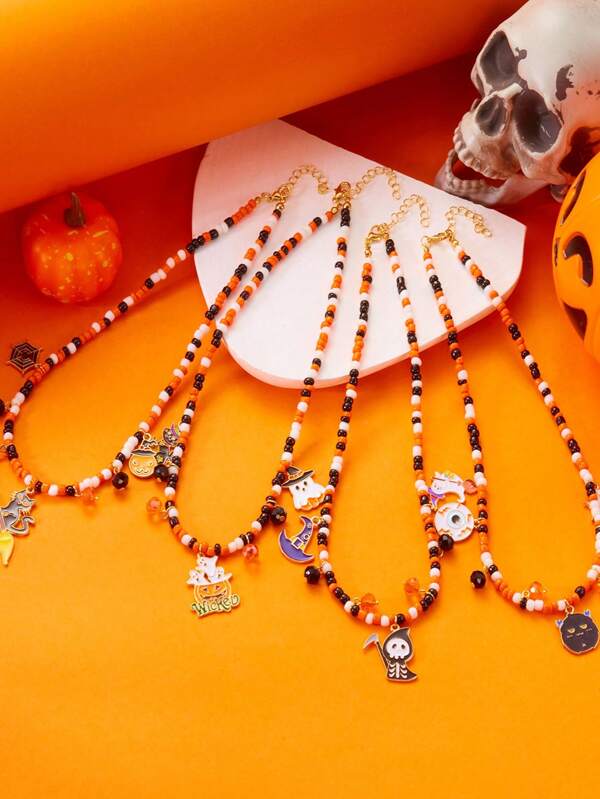 1pc Creative Halloween Horror Ghost & Spider Beaded Pendant Necklace, Suitable For Halloween Party Gift To Friends/Classmates/Family/Bestie