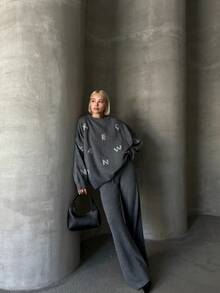 Women Casual Heart Pattern Round Neck Long Sleeve Pullover Top And Long Pants Set, Embroidery Design - Dark Grey - View 5