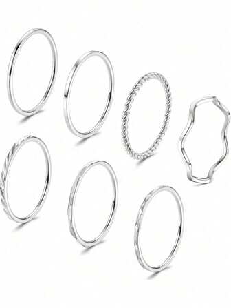 IRONBOX 7Pcs Silver Rings For Women - Stainless Steel 1 Mm Plain Thin Midi Finger Ring Minimalist Thumb Ring Set Stackable Knuckle Simple Twist For Women