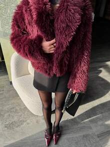 Women's New Solid Color Faux Fur Patchwork Evening Date Elegant Faux Fur Jacket - Burgundy - View 7