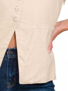 Womens Casual Vest Coat Elegant Button Front Fitted Waistcoat Sleeveless Square Neck Modern Professional Minimalist Design Cropped Summer Spring Daily Wear Light Beige Urban Chic Office Top - CÁT BEIGE - Xem 3