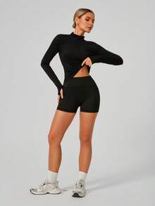 Naked-Feel Tight Waist Yoga Shorts, Breathable Running Gym Shorts With Pockets - Black - View 5