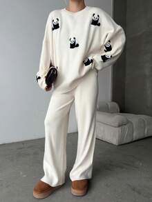 Women Casual Heart Pattern Round Neck Long Sleeve Pullover Top And Long Pants Set, Embroidery Design - White - View 1