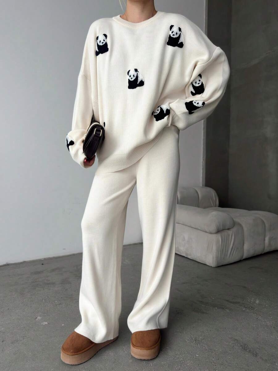 Women Casual Heart Pattern Round Neck Long Sleeve Pullover Top And Long Pants Set, Embroidery Design - White - View 1