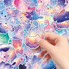 50 件梦幻水彩星空猫涂鸦原创卡通可爱装饰贴纸适用于笔记本、铅笔盒、橱柜房间装饰家居装饰墙壁装饰墙贴客厅装饰个性化贴纸趣味贴纸剪贴簿用品剪贴簿 - 彩色 - 查看 8