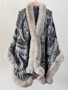 Xale Poncho Tricotado com Design de Pena de Pavão Elegante, Novo, Quente, Confortável e Respirável, Xale Grosso Vintage para Outono/Inverno, Combinado com Borda de Pele Sintética Macia para Vestido