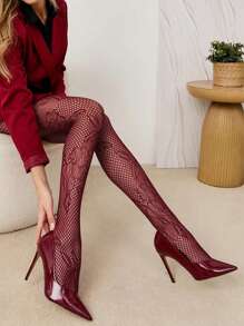 Medias de mujer sexis con diseño jacquard y calado, medias de rejilla con estampado floral de estilo retro