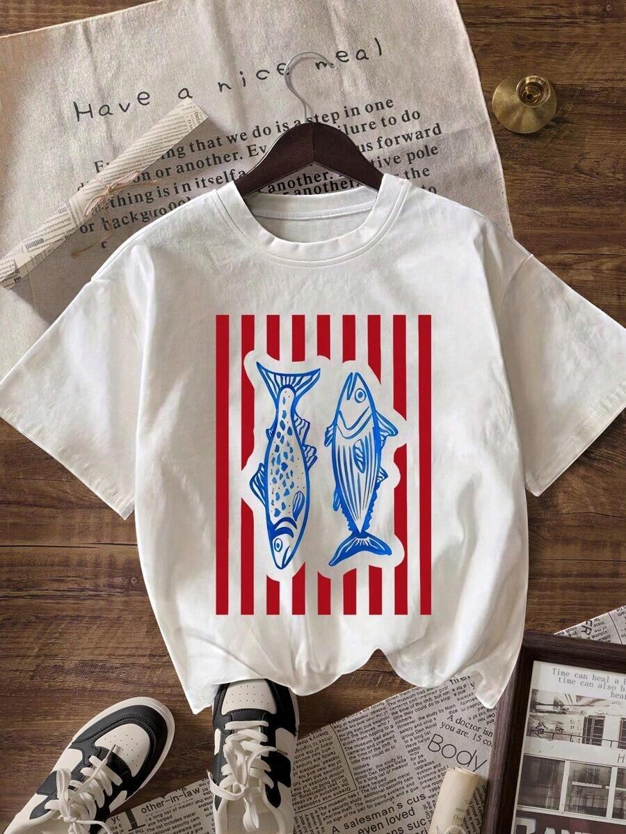 Striped & Fish Pattern Casual Round Neck Short Sleeve T-Shirt, Versatile For Summer - White - View 1