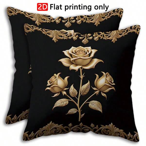 TOPSSCTR 2pcs 2D Flat Printed Modern Black And Golden Floral Pattern Throw Pillow Covers, Single-Sided Print, Polyester, Zippered, Machine Washable, Decorative Cushion Cases For Home And Living Room Decor - No Insert