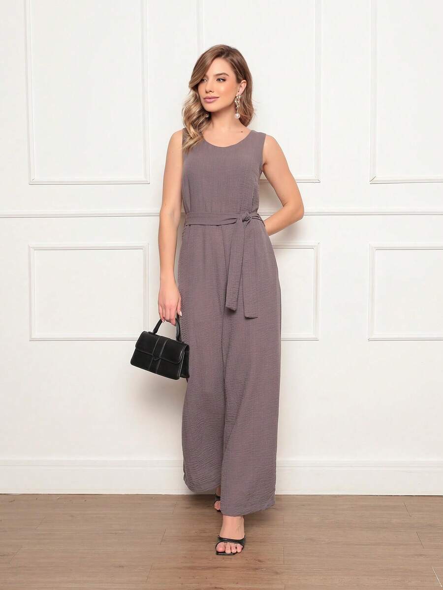 Women's Sleeveless Long Jumpsuit With High Waist Tie Belt And Side Pockets – Elegant And Comfortable - Chỉ huy - Xem 1