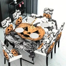 1/4/5/6/7/36pcs Halloween Theme, Pumpkins, Bats Printed Chair Covers / Chair Cover Set, Suitable For Indoor Home Restaurant, Hotel Modern Daily Decoration,Party Decoration,Wedding Decoration,Dining Room Decoration,Kitchen Decoration,Tablecloth Suitable For Square Tables, Elastic Chair Covers Can Be Washed