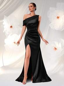 ADYCE 1 件纯色褶饰高腰开衩下摆鸡尾酒会晚礼服、婚礼宾客礼服、正式礼服、长袍 - 黑色 - 查看 5