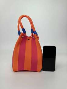 韩版大容量女士时尚手提包，文艺清新，结实耐用，手提包，购物袋，收纳袋，适合购物，旅行和收纳。个性化设计编织袋，送给朋友的绝佳礼物 - 玫紅色 - 查看 7