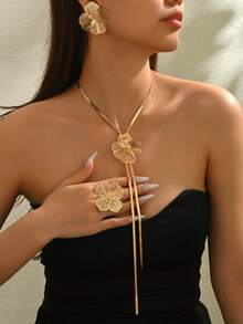 4pcs/1 Pair/1pc Elegant Necklace, Earrings, Ring Jewelry Set For Women, Fashionable European And American Exaggerated Metal Style, Creative Hollow Flower Geometric Shape, Flat Snake Chain, Y-Shaped Long Tassel Necklace, Suitable For Daily Wear, Banquet, Celebration, Versatile Luxury Gift Accessories - Golden - View 3