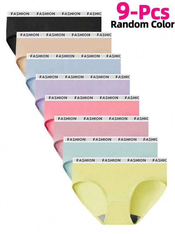 9 Stücke sortierte Farben Polyester bequeme Damenslips, Mädchen Mode Buchstaben Bund einfarbige Höschen