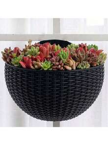 1pc Modern Plastic Wall-Mounted Planter - Rattan Half-Round Hanging Flower Pot, No Drill Decor Planter, Suitable For Indoor/Outdoor Garden, Hydroponic Container