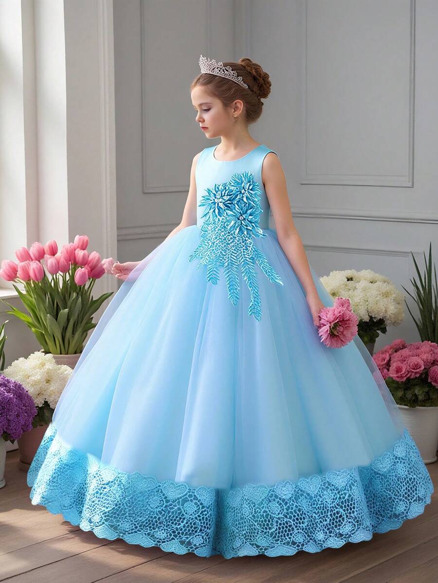 Tween Girls Solid Color Tulle 3D Floral Elegant Formal Dress, Suitable For Weddings And Parties, Excluding Headband - Blue - View 1
