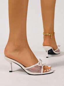 女士网眼透气露趾高跟凉鞋，优雅蝴蝶结细跟拖鞋，百搭夏季新品