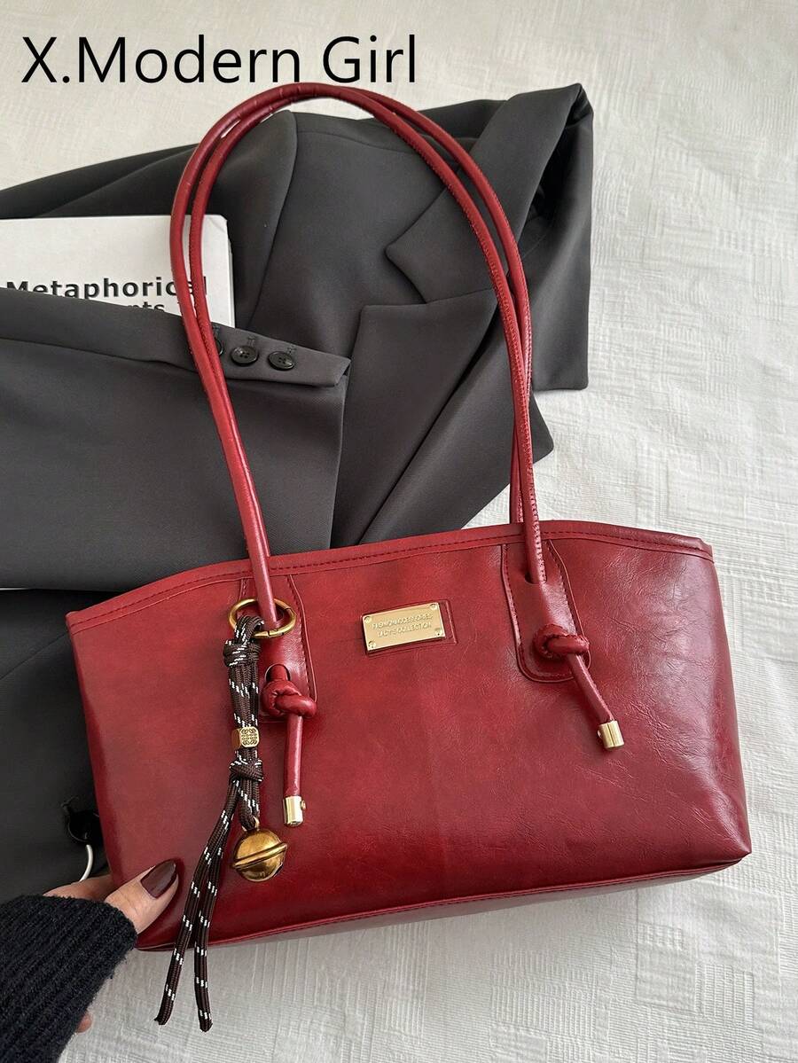 1 件绗缝拉链封口 PU 纯色保龄球包，大容量手提包，新款时尚高品质单肩包，复古风格，非常适合女性日常使用 - 紅色 - 查看 1