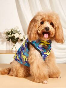 1pc Pet Clothes Autumn/Winter Fashionable Vest, Contrast Color Camouflage Zipper With Leash Hole, Suitable For Poodle, Bichon Frise - Multicolor - View 4