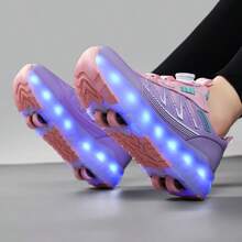 夏季 LED 灯运动轮滑鞋，适合青少年、学生、成人和情侣，时尚透气低帮运动鞋，可转换室内/室外轮滑鞋 - 粉色 - 查看 6