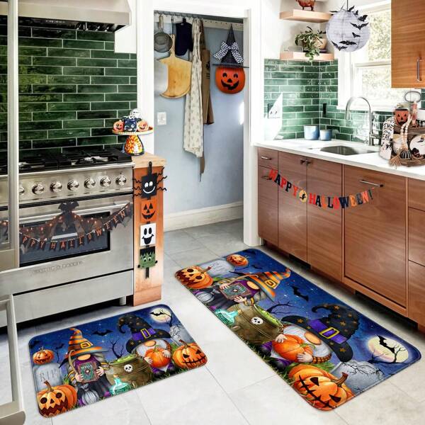 1/2pcs Horror Halloween Doormat, Elf & Pumpkin Themed Carpet, Funny Anti-Fatigue Kitchen Mat, Washable & Stain-Resistant, For Home Living Room Kitchen Floor Decor, Seasonal Holiday Party Decoration - Halloween Home Decor
