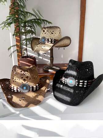 1 件西部牛仔帽，女士复古牛仔帽，男士夏季休闲牛仔帽，时尚朋克牛仔帽，波西米亚风牛仔帽（如果收到商品后发生变形，可能需要手动重塑帽檐）