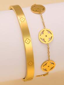2 pièces Set de bracelets pour femme avec trèfle à quatre feuilles lisse et incrusté de cubic zirconia cubiques, convient pour de multiples occasions et cadeau pour les amis