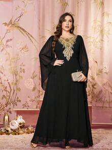 UNITHORSE V-Neck Long Batwing Sleeve Embroidered Chiffon Dress, Black - Black - View 1