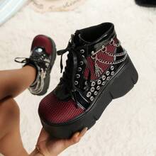 Women's Gothic Punk Style Platform Ankle Boots, Metal Chain Lace-Up Side Zipper Design, Fashionable And Bold, Suitable For Festivals, Parties, Daily Outdoor Casual Wear, All Season