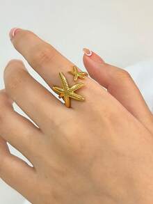 1 Pc Golden Color Summer Vacation Beach Style Sea Star Starfish Ring For Women - Gold - View 3