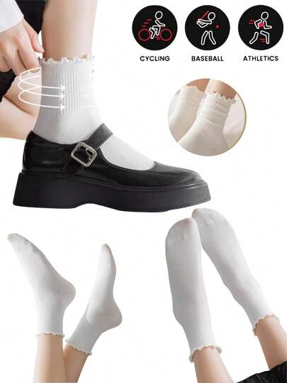 1/3/6 Pairs Women's College Style Athletic Long Socks, Ruffle Trim White Socks, Suitable For All Seasons, Gym, Gift Socks For Couples, Bridesmaid Gifts
