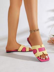 [AFBC-Gem] Women's Flat Sandals, Pink & Yellow H-Strap Slippers, Spring/Summer New Beach Sandals For Party, Birthday, Easter Gift, Low Heel Open Toe Colorblock Slides, Versatile Fashion Slippers