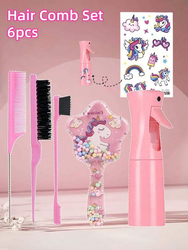 1/2/3/4/5/6/7/9pcs Unicorn Cartoon Detangling Hair Brush Set, (6.8oz/200ml) Continuous Fine Mist Spray Bottle, Suitable For Adult And Girl Hair, Hair Styling Tamer Brush, For Hairstylist