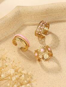 3pcs Fashion Simple Stainless Steel Blue Oil Drop Ring Set Suitable For Ladies Daily Wear Or Gift Giving - Yellow Gold - View 2