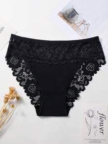 6件套优雅纯色棉质内裤舒适款式蕾丝边女式三角裤 - 黑與白 - 查看 5