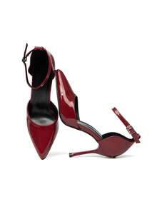 女士可调节系带高跟鞋，10 厘米尖头优雅细高跟鞋，酒红色 PU 皮革鞋面，适合日常穿着和派对