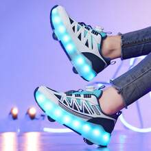 夏季 LED 发光溜冰鞋，透气低帮运动鞋，适合青少年、学生、成人、情侣，时尚，户外运动，可拆卸设计，二合一穿着 - 藍色 - 查看 4