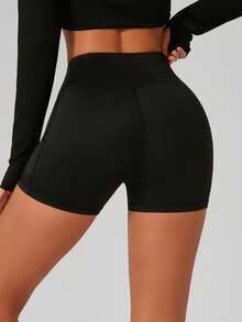 Naked-Feel Tight Waist Yoga Shorts, Breathable Running Gym Shorts With Pockets - Black - View 4