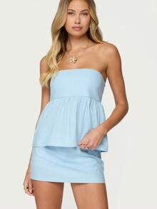 Two Piece Skirt Set For Women Summer Strapless Ruffle Trim Tube Tops Mini Skirt Set Going Out Outfits - Màu xanh lam - Xem 5