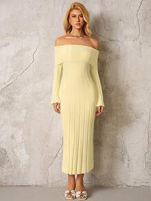 PARTHEA Off Shoulder Knit Solid Color Bodycon Off Shoulder Sweater Dress - Yellow - View 3