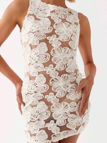 Women See Through Floral Lace Bodycon Mini Dress Crew Neck Sleeveless Cocktail Party Club Dress - Blanco - Ver 1