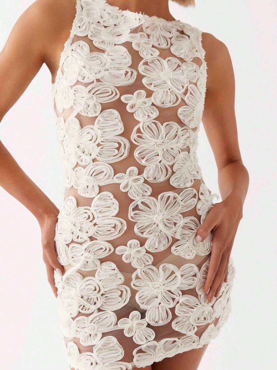 Women See Through Floral Lace Bodycon Mini Dress Crew Neck Sleeveless Cocktail Party Club Dress - Blanco - Ver 1