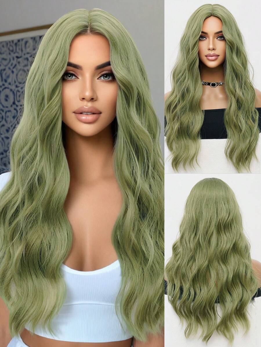 绿色 26 英寸长卷发波浪角色扮演假发，合成耐热纤维假发，易于护理的平滑波浪造型，玫瑰网帽，180% 密度，男女通用，适合女性、女孩、万圣节假发、音乐节假发、返校派对洛丽塔时尚假发 - 綠色 - 查看 1